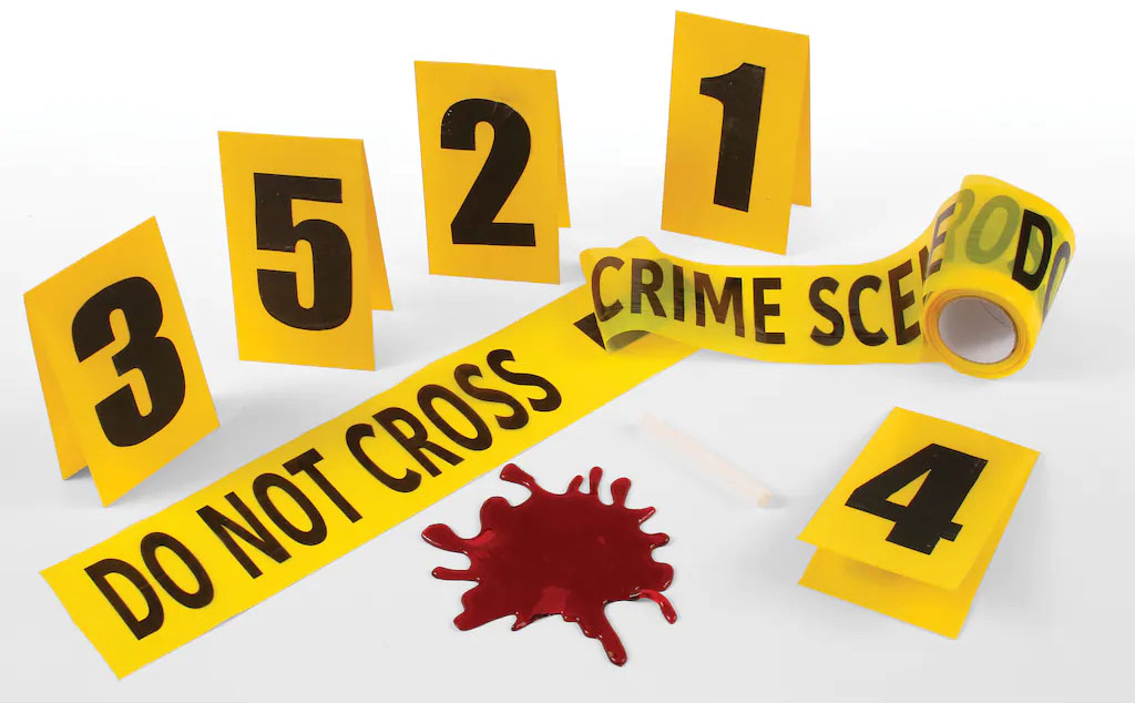 Crime Scene Kit with Evidence Markers, Do Not Cross Tape, and Fake Blood Spill