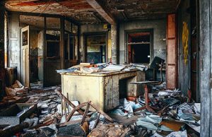 Abandoned, condemned property full of clutter.