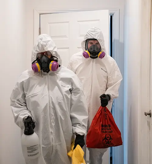 2 cleaners carrying a biohazard bag